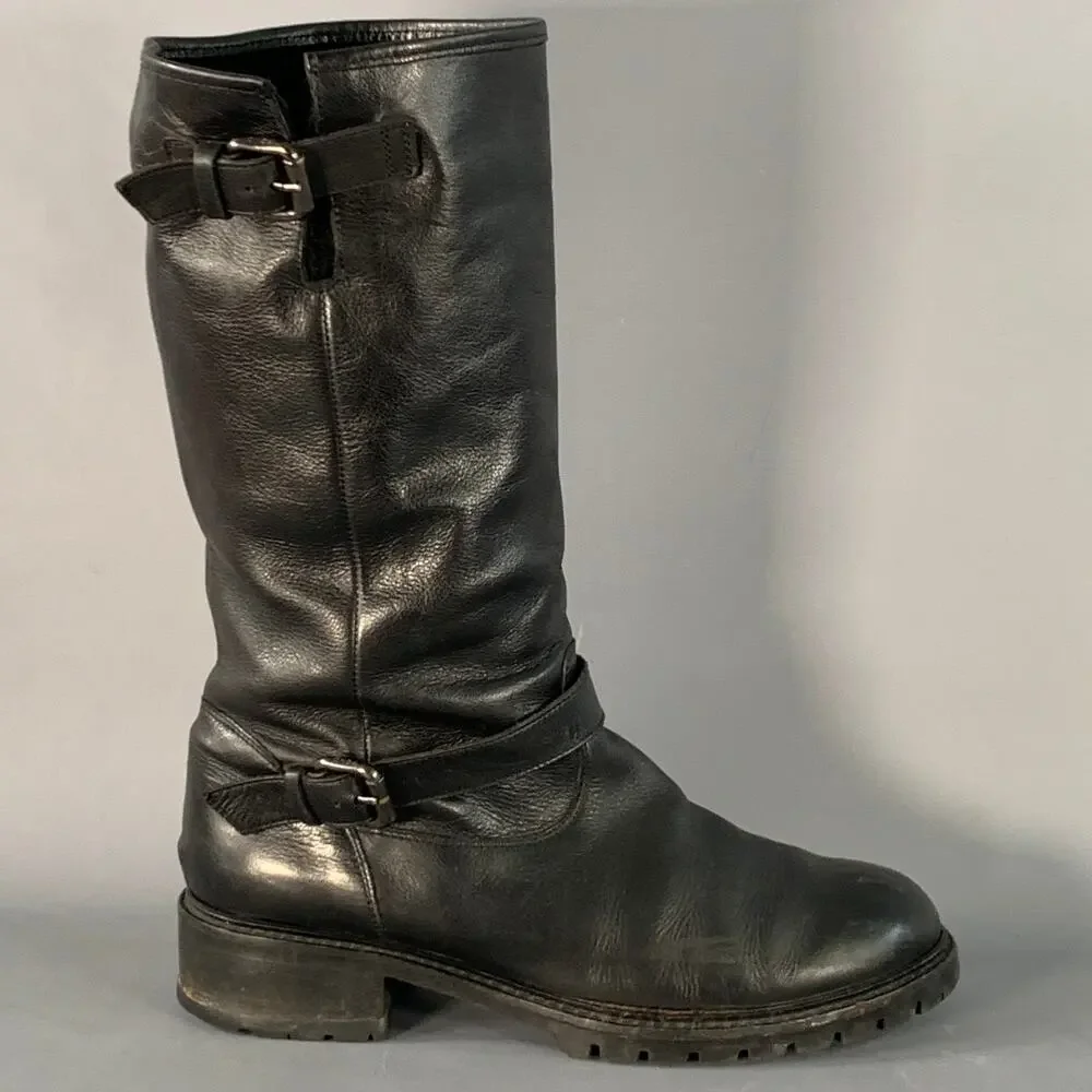 FENDI Size 9 Black Leather Shearling Lined Pull On Buckle Boots